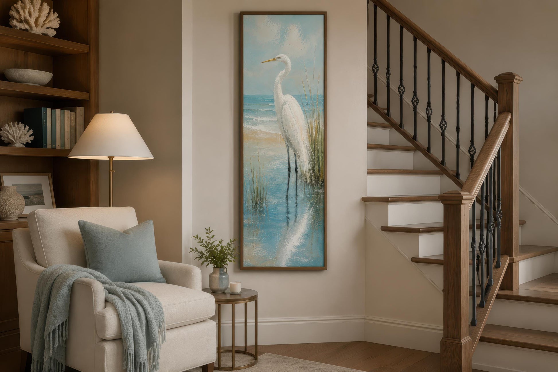 Coastal Wall Art - White Egret Canvas Print | Tall Narrow Vertical Beach House Decor