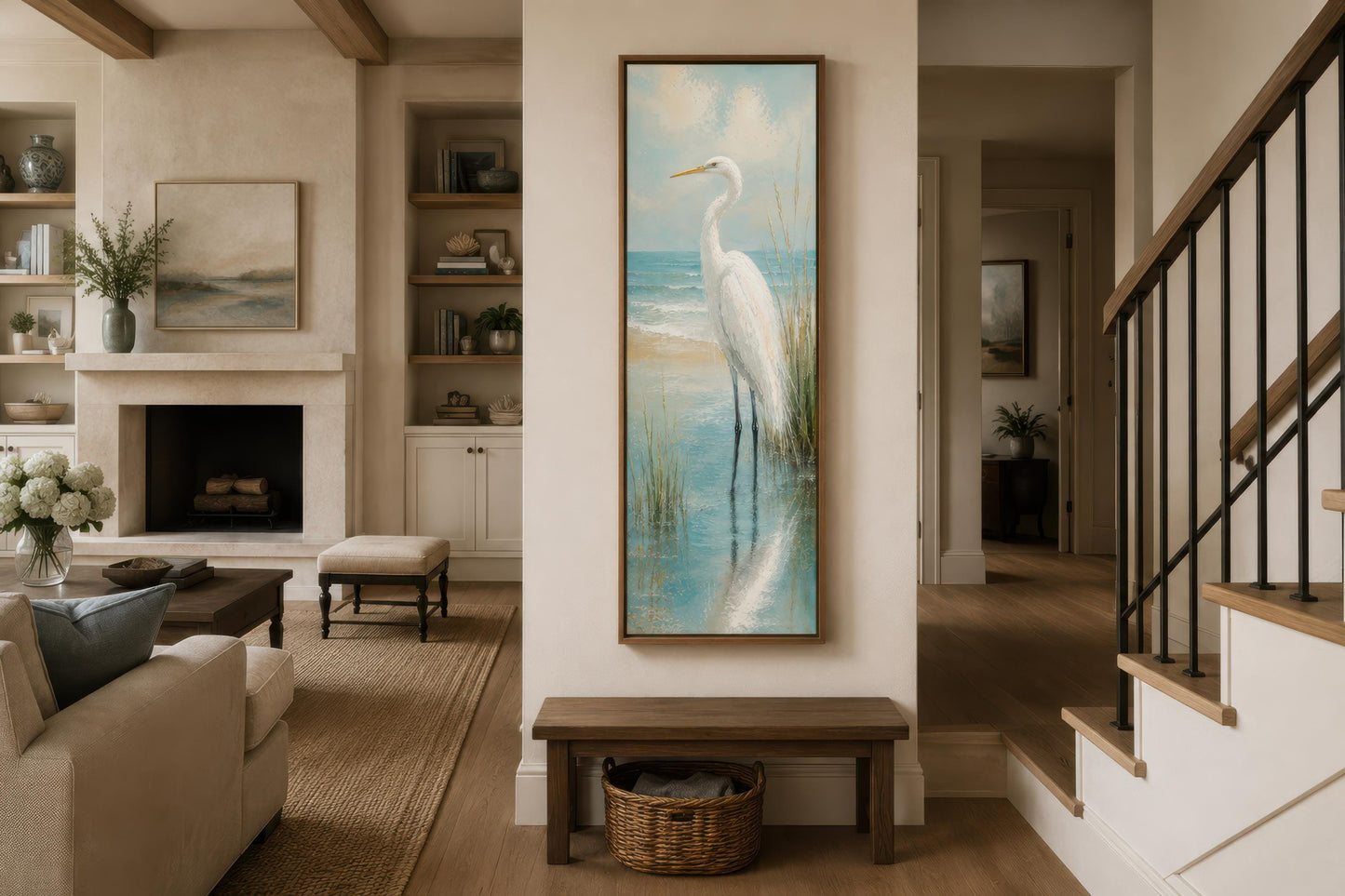 Coastal Wall Art - White Egret Canvas Print | Tall Narrow Vertical Beach House Decor