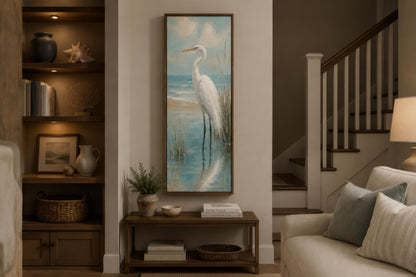 Coastal Wall Art - White Egret Canvas Print | Tall Narrow Vertical Beach House Decor