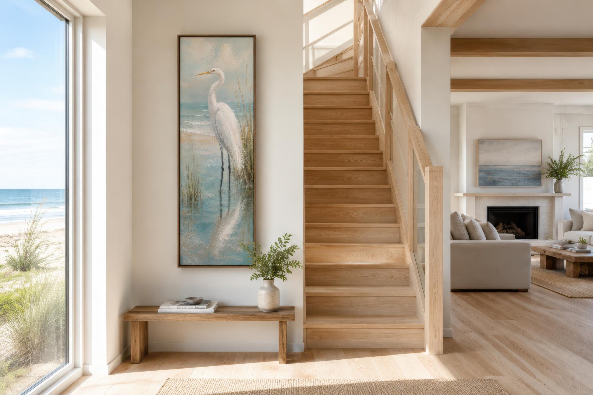 Coastal Wall Art - White Egret Canvas Print | Tall Narrow Vertical Beach House Decor