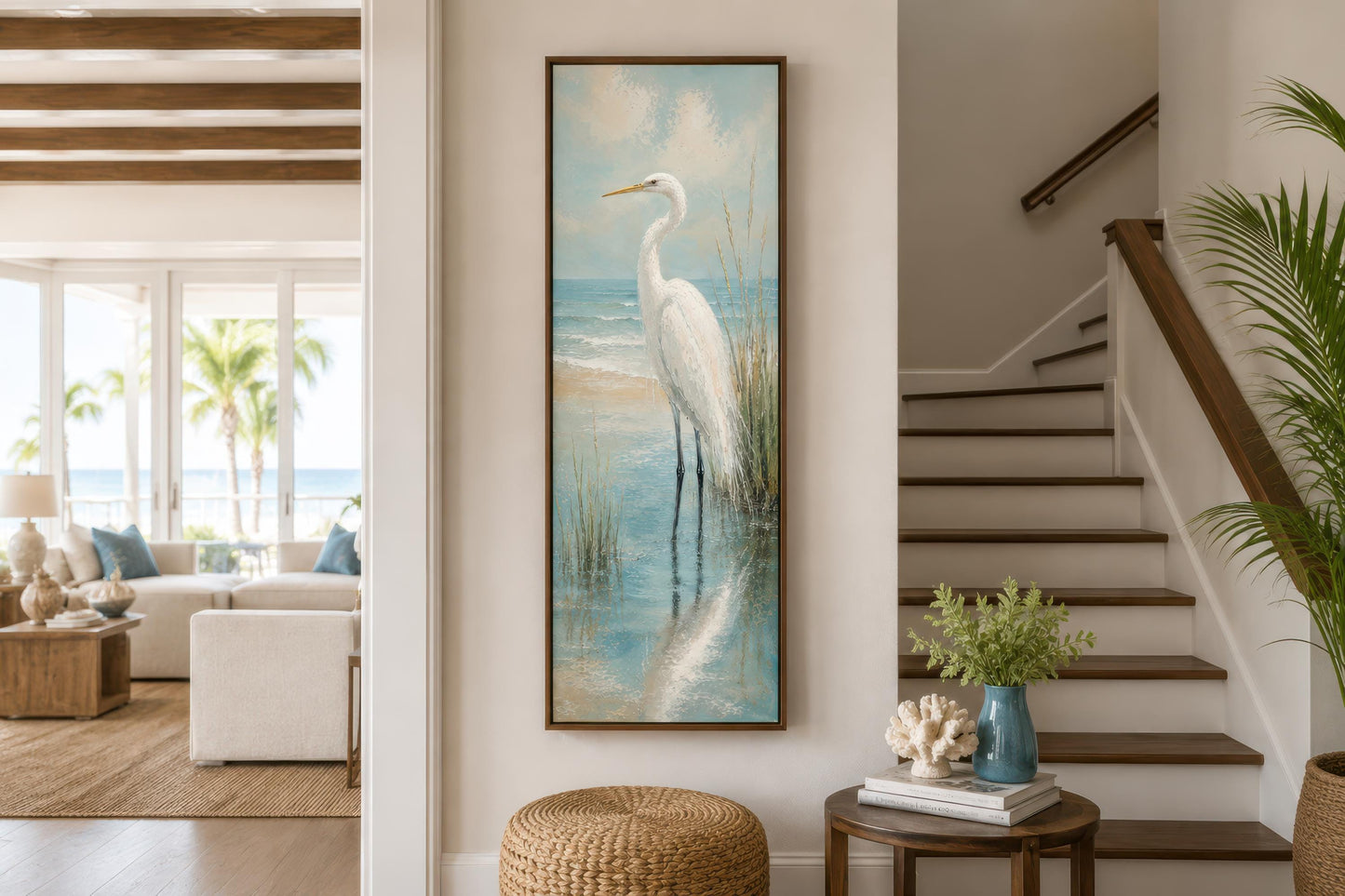 Coastal Wall Art - White Egret Canvas Print | Tall Narrow Vertical Beach House Decor