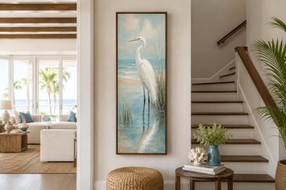 Coastal Wall Art - White Egret Canvas Print | Tall Narrow Vertical Beach House Decor