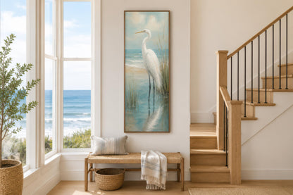 Coastal Wall Art - White Egret Canvas Print | Tall Narrow Vertical Beach House Decor