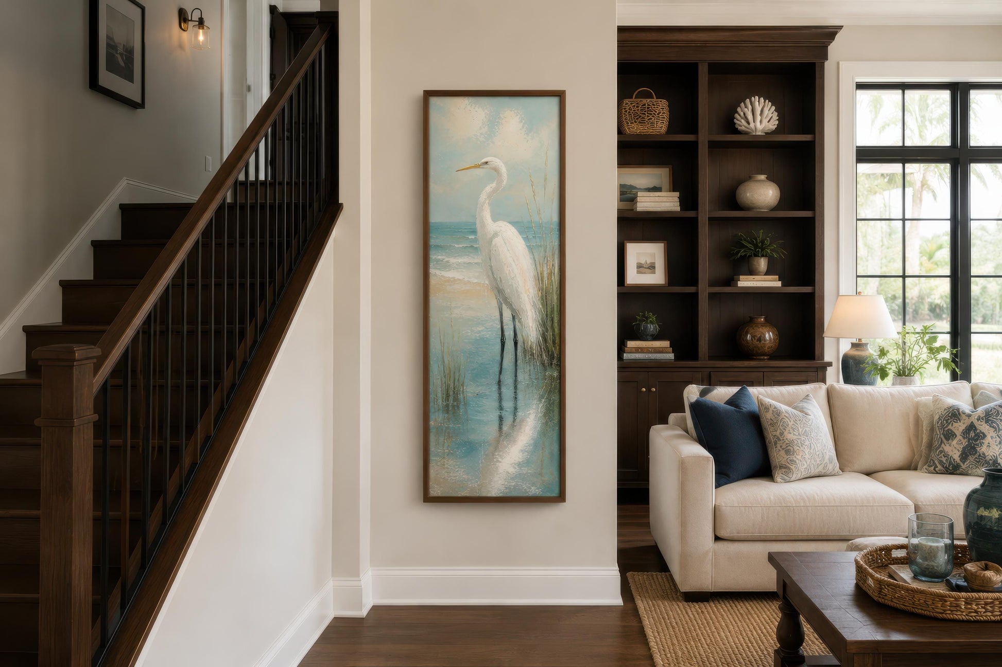Coastal Wall Art - White Egret Canvas Print | Tall Narrow Vertical Beach House Decor