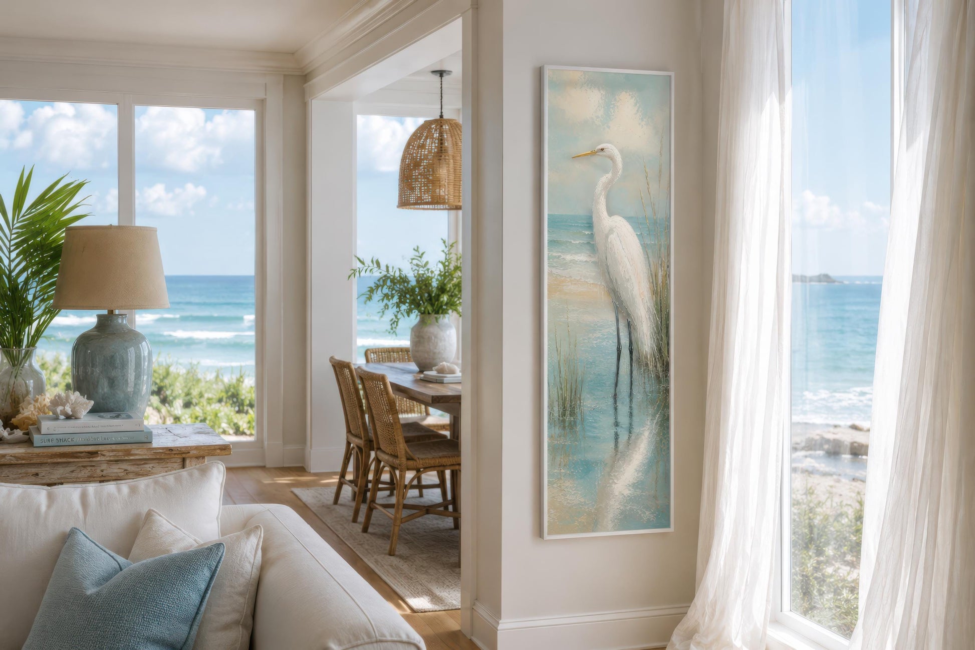 Coastal Wall Art - White Egret Canvas Print | Tall Narrow Vertical Beach House Decor
