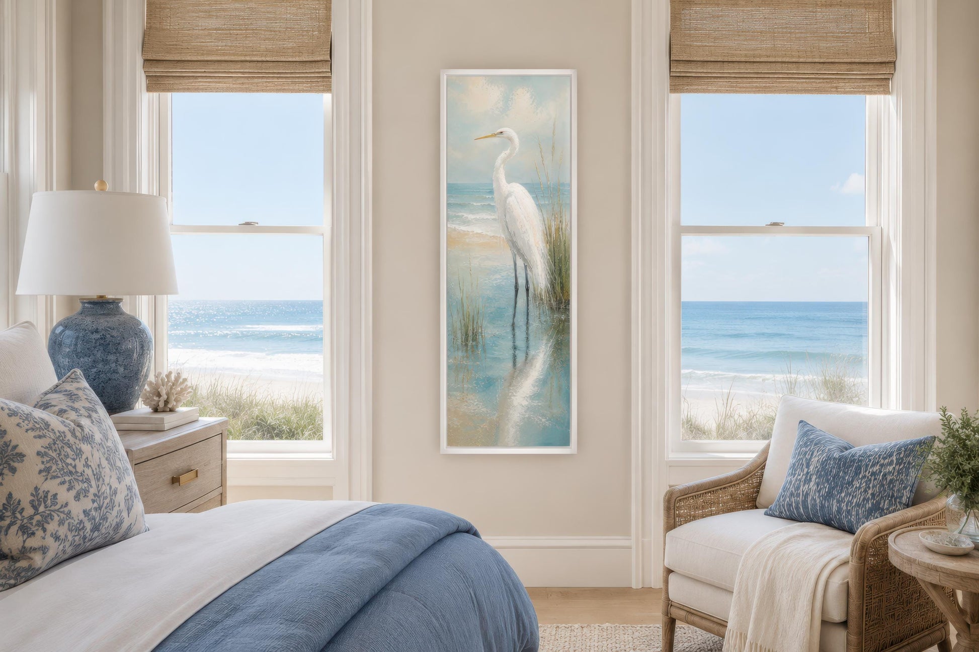 Coastal Wall Art - White Egret Canvas Print | Tall Narrow Vertical Beach House Decor
