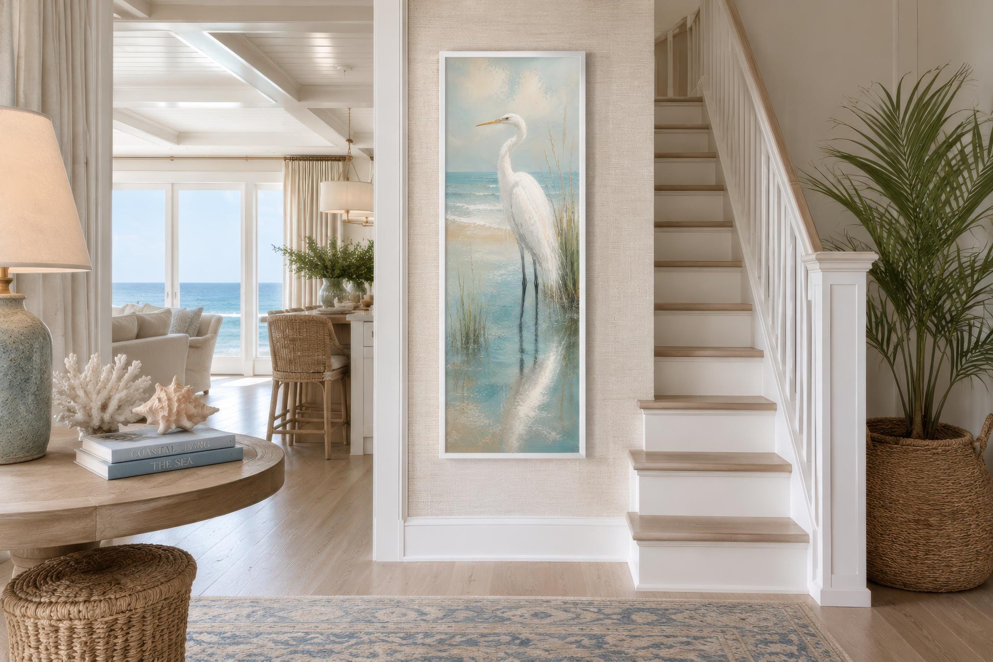 Coastal Wall Art - White Egret Canvas Print | Tall Narrow Vertical Beach House Decor