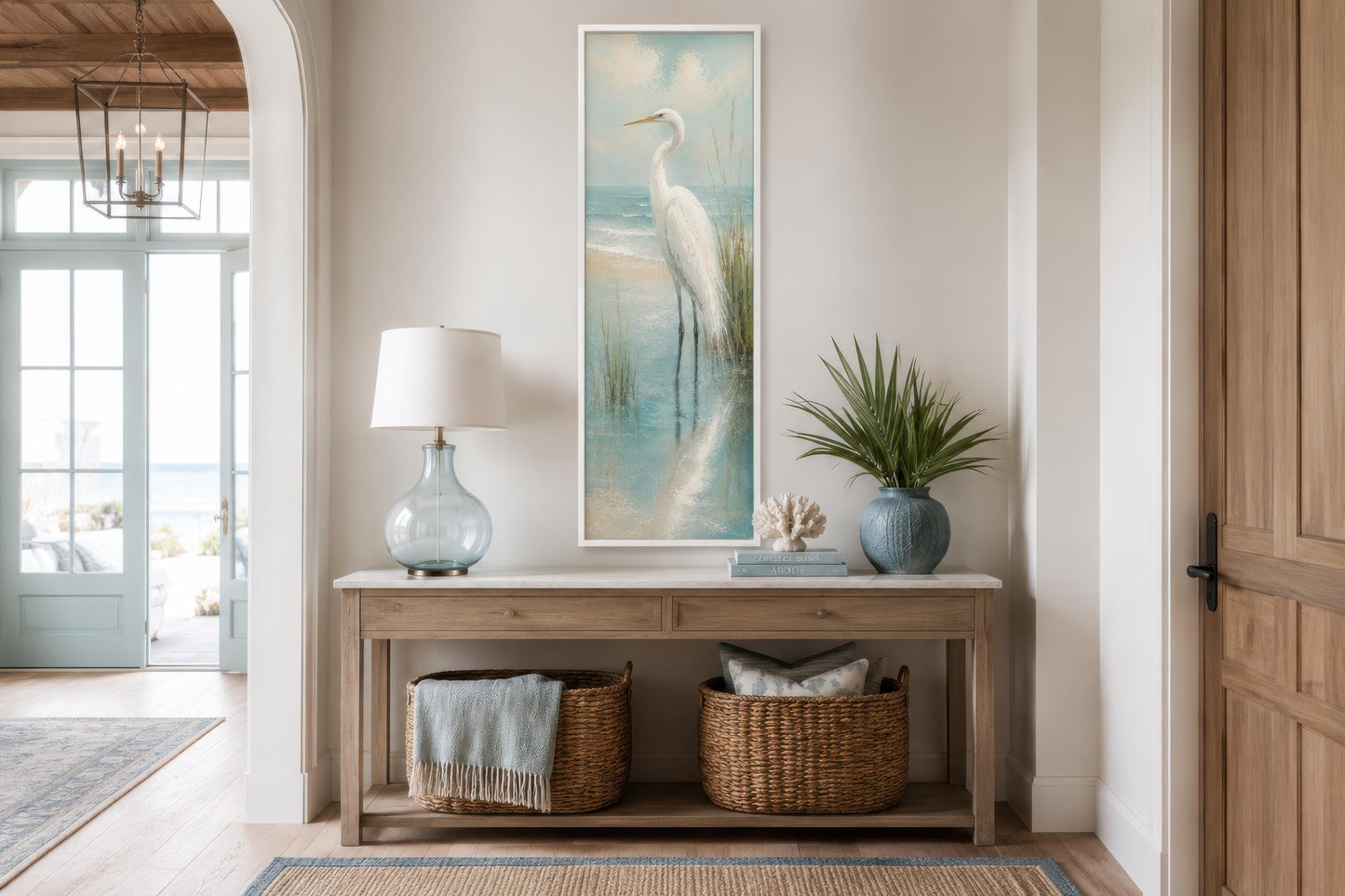 Coastal Wall Art - White Egret Canvas Print | Tall Narrow Vertical Beach House Decor