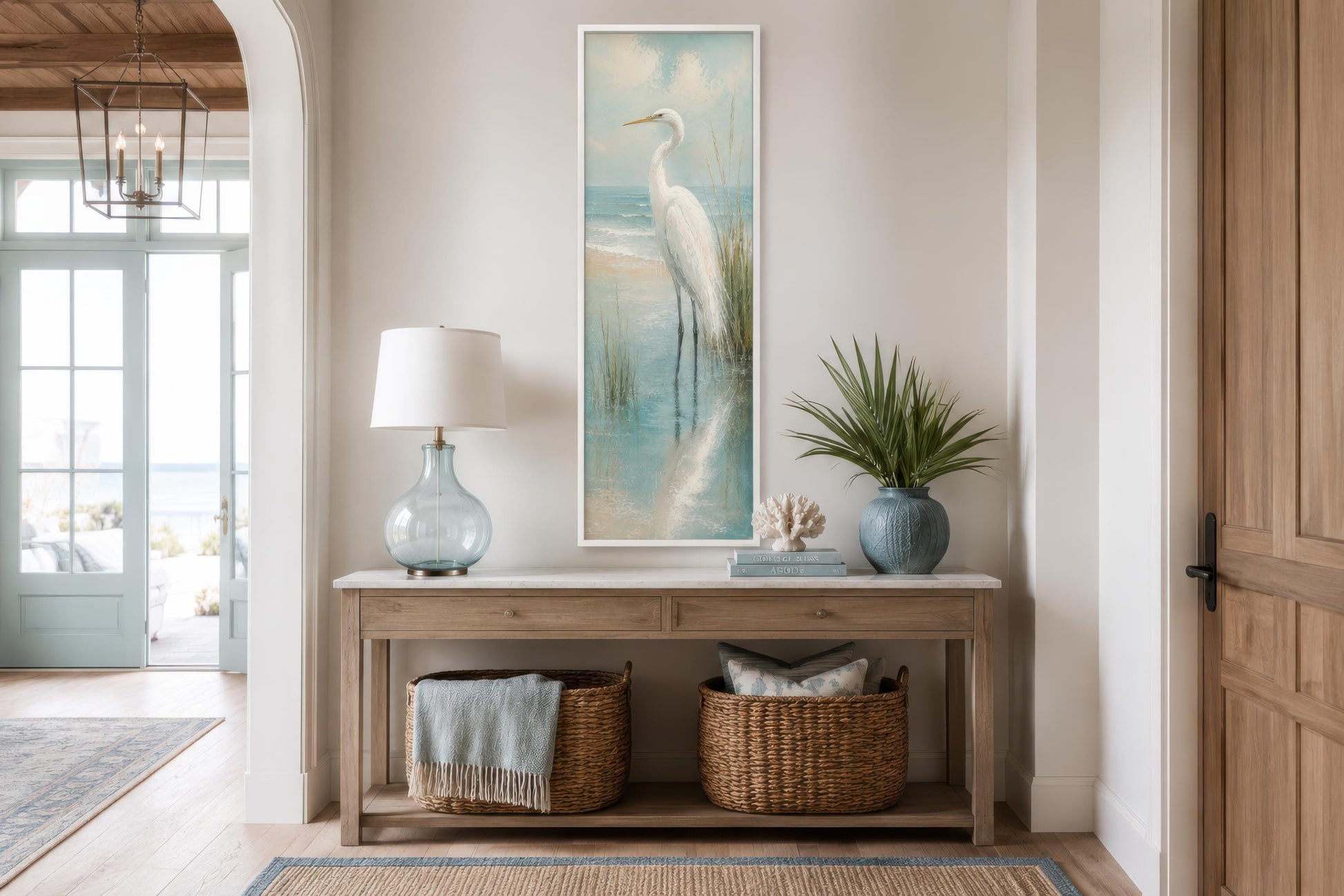 Coastal Wall Art - White Egret Canvas Print | Tall Narrow Vertical Beach House Decor