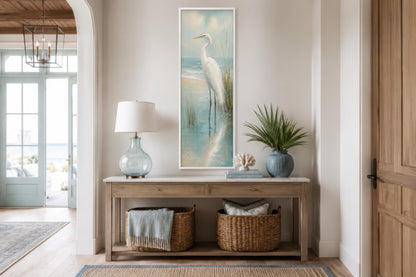 Coastal Wall Art - White Egret Canvas Print | Tall Narrow Vertical Beach House Decor