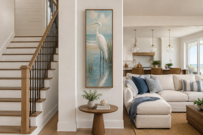 Coastal Wall Art - White Egret Canvas Print | Tall Narrow Vertical Beach House Decor