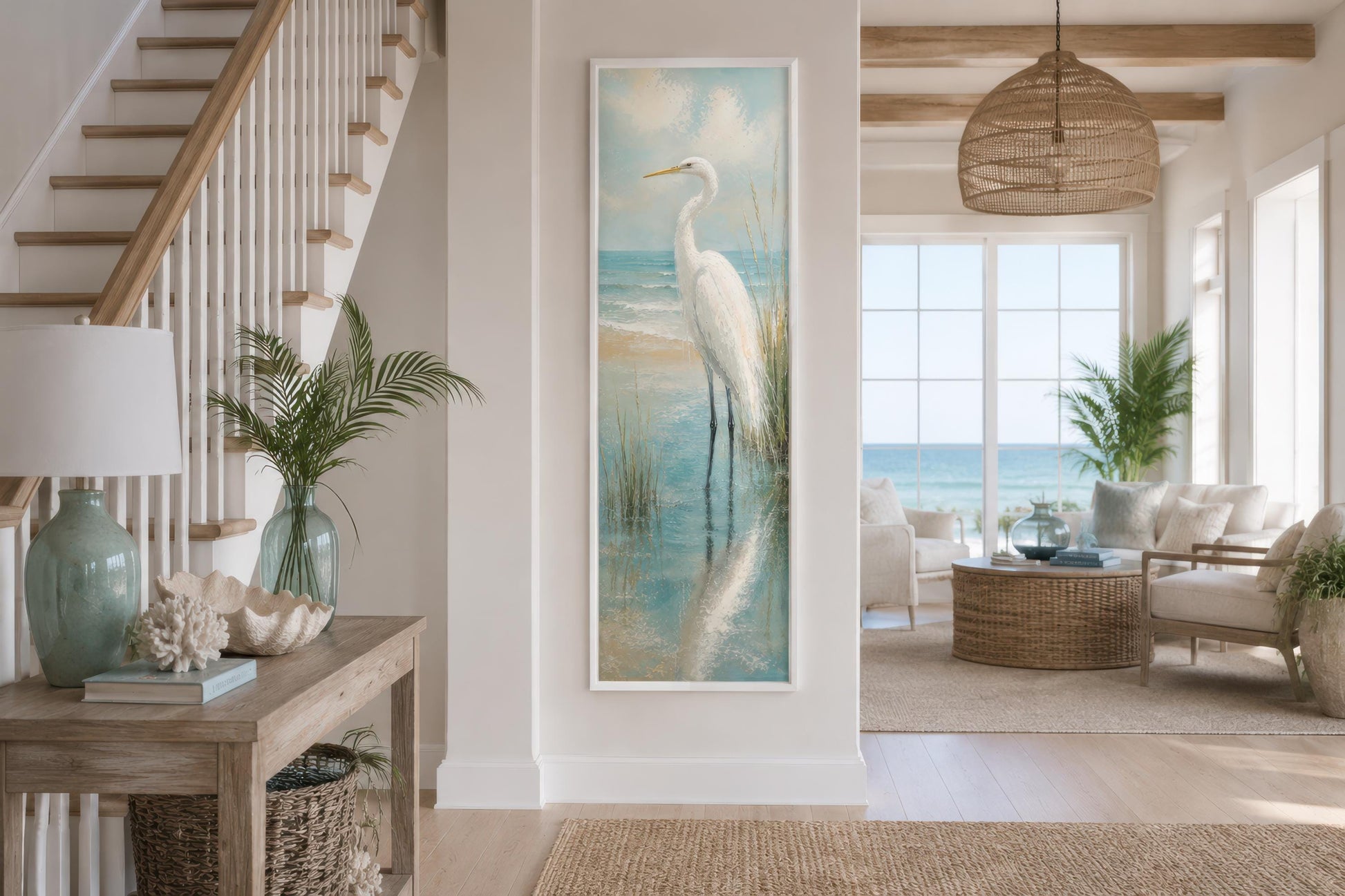 Coastal Wall Art - White Egret Canvas Print | Tall Narrow Vertical Beach House Decor