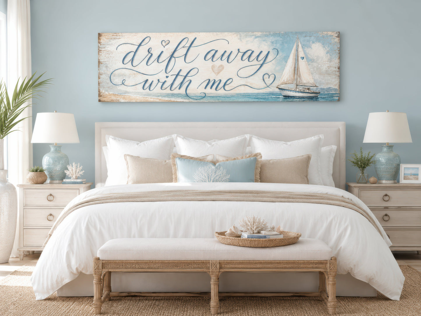 Coastal Bedroom Romantic Sign With Sailboat on Light Blue Canvas Wall Art