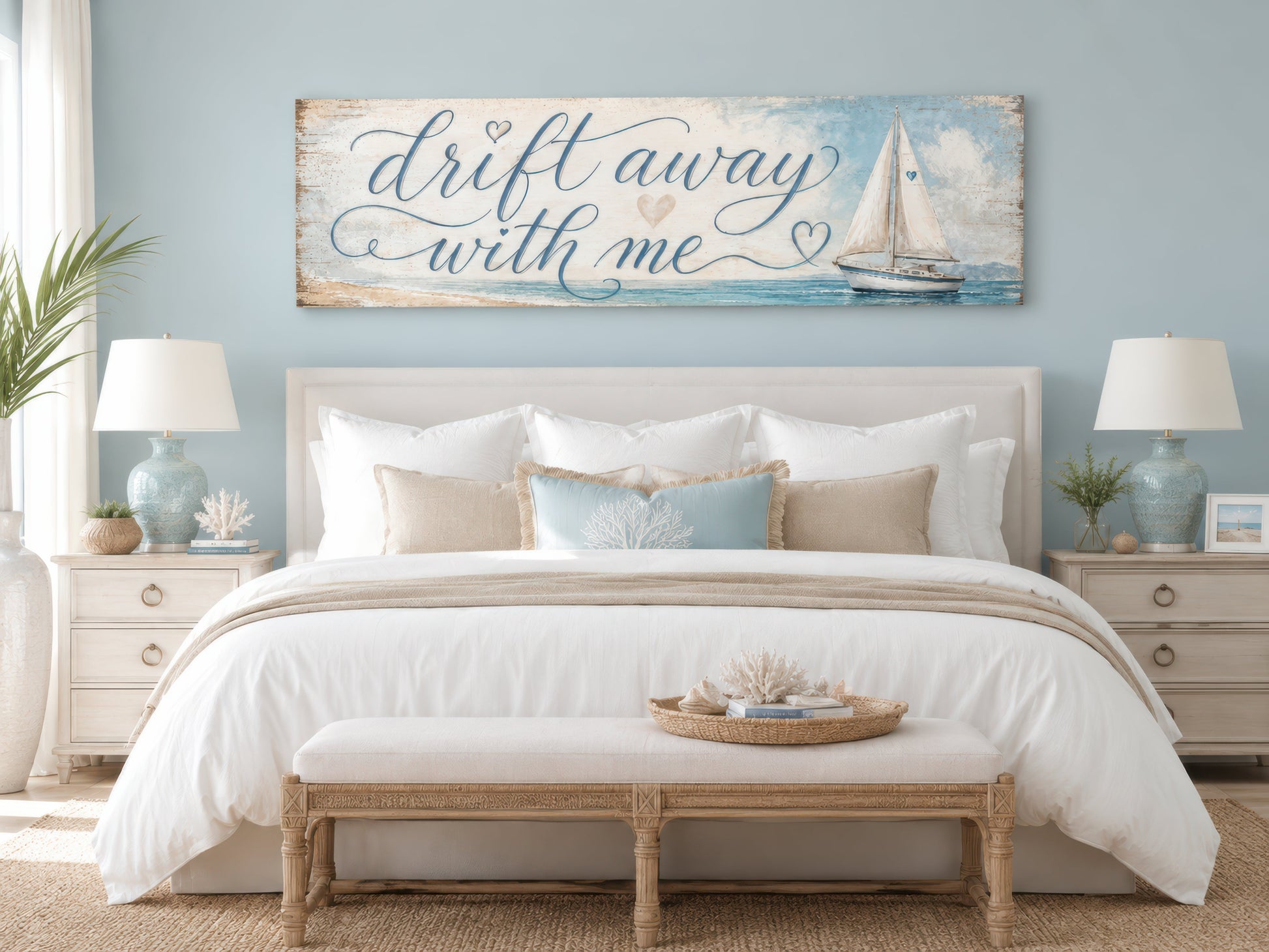 Coastal Bedroom Romantic Sign With Sailboat on Light Blue Canvas Wall Art