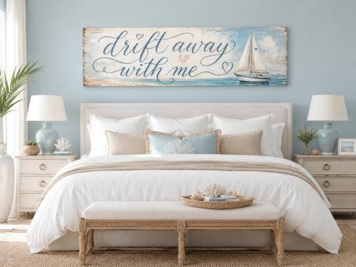 Coastal Bedroom Romantic Sign With Sailboat on Light Blue Canvas Wall Art