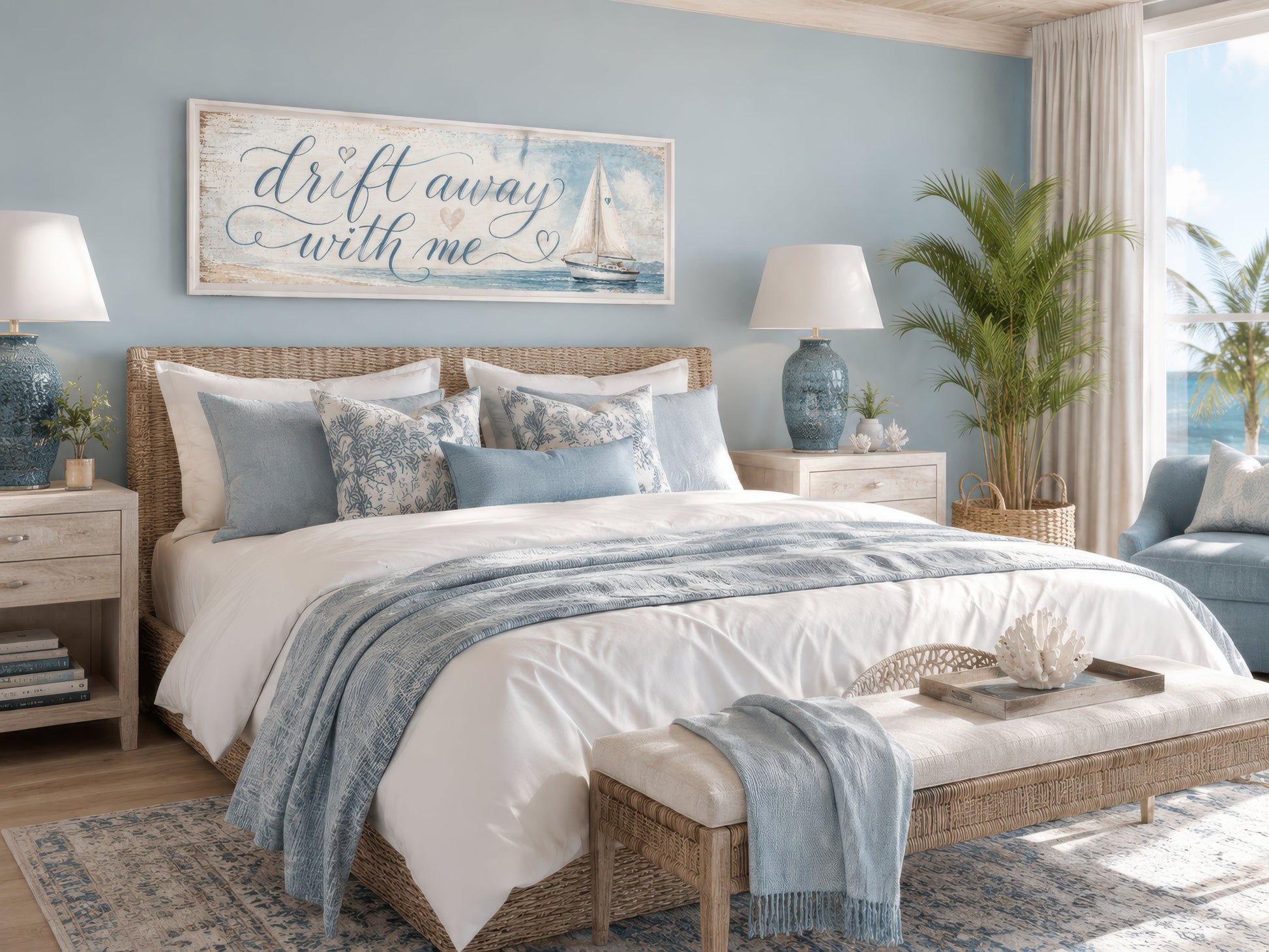 Coastal Bedroom Romantic Sign With Sailboat on Light Blue Canvas Wall Art