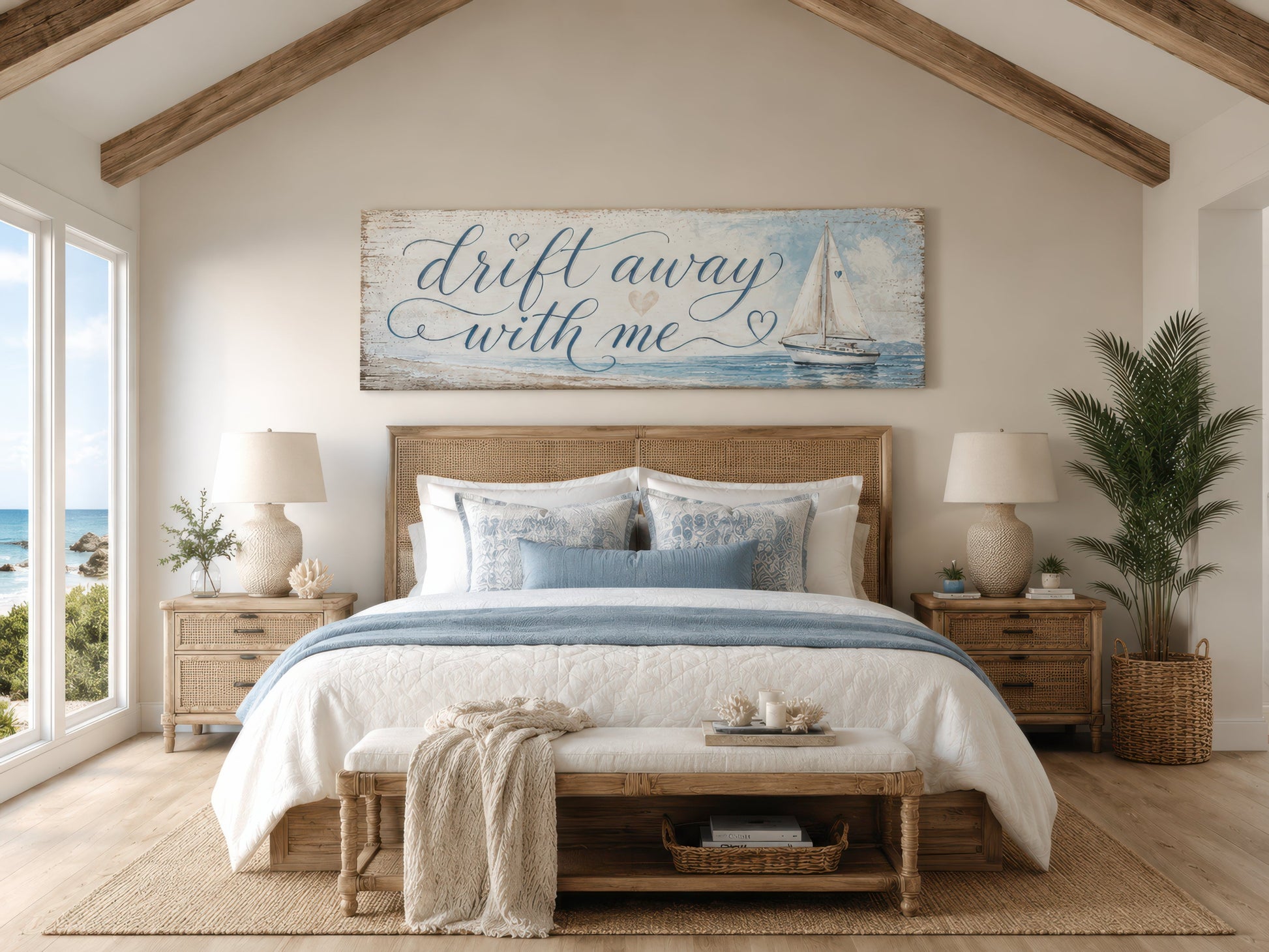 Coastal Bedroom Romantic Sign With Sailboat on Light Blue Canvas Wall Art