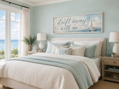Coastal Bedroom Romantic Sign With Sailboat on Light Blue Canvas Wall Art