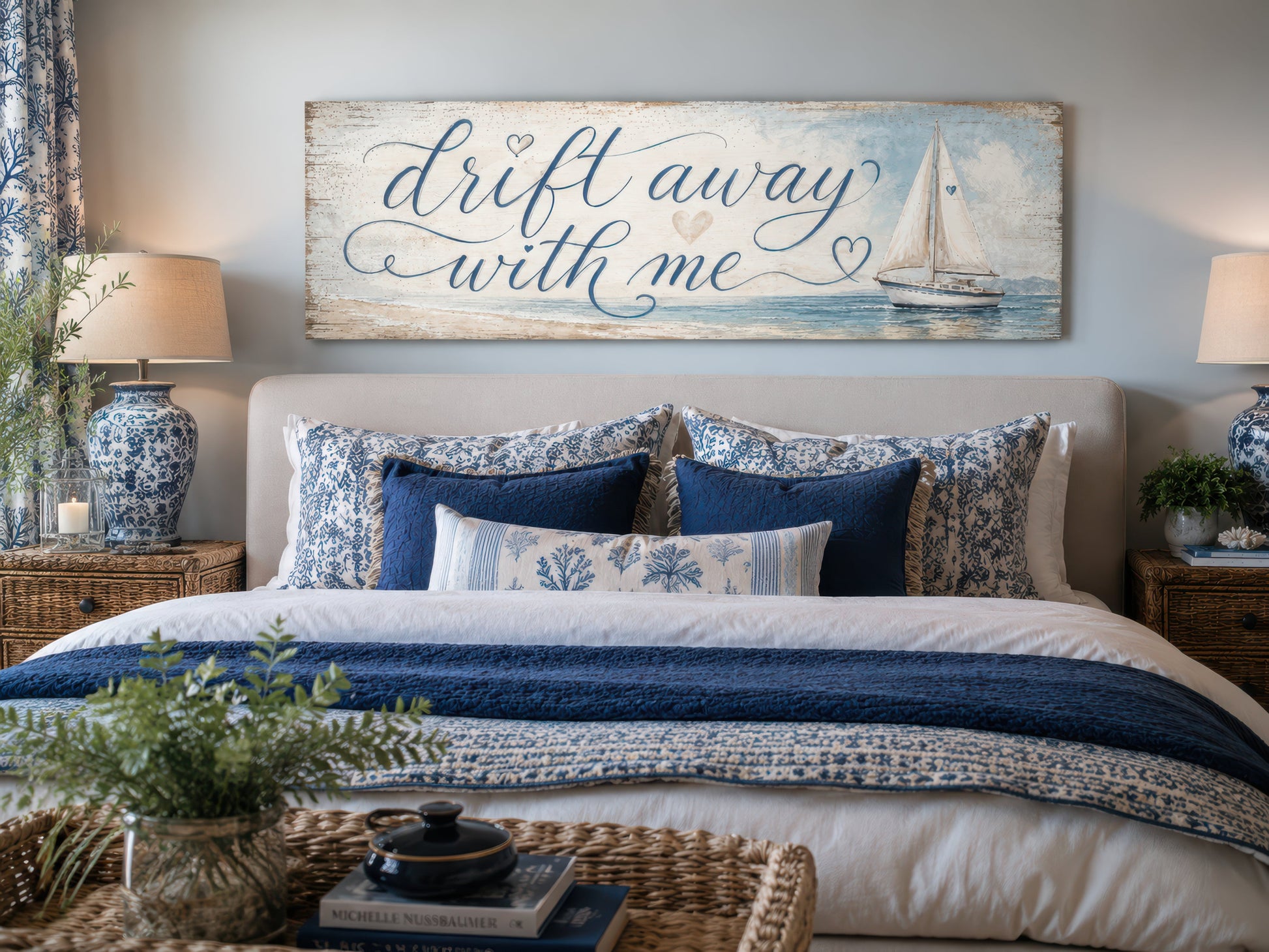 Coastal Bedroom Romantic Sign With Sailboat on Light Blue Canvas Wall Art