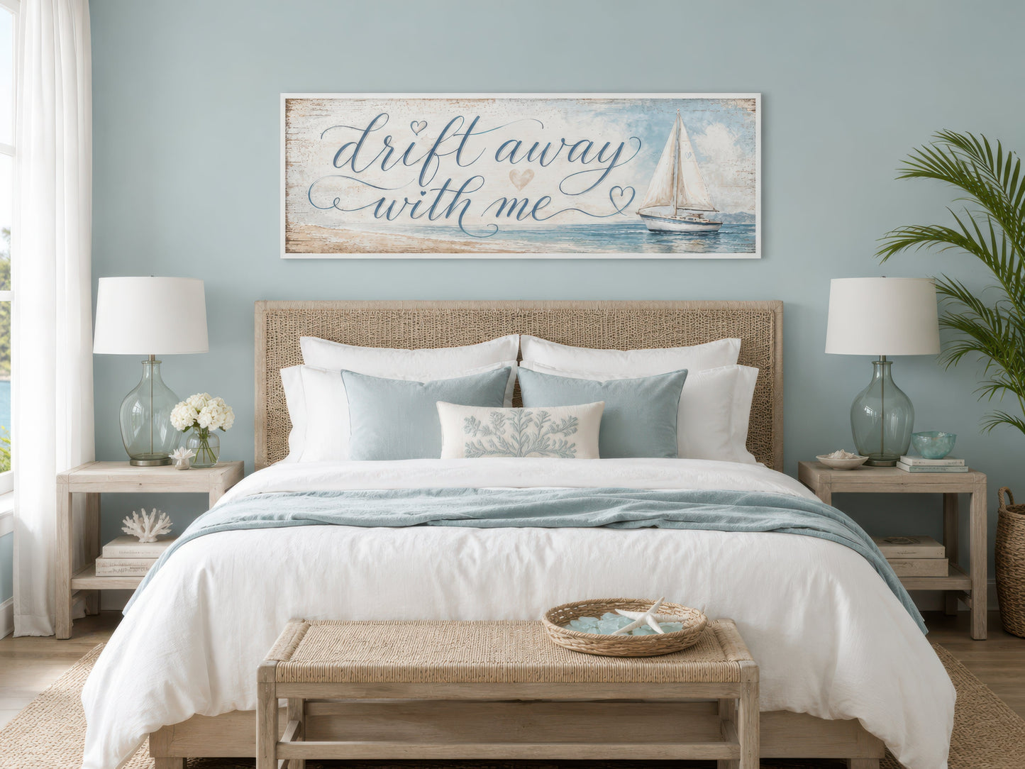 Coastal Bedroom Romantic Sign With Sailboat on Light Blue Canvas Wall Art