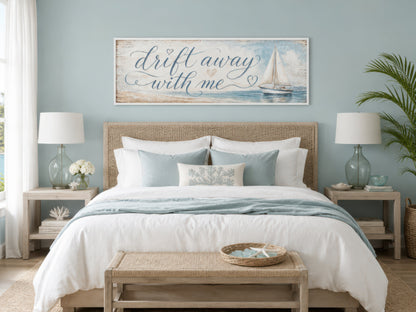 Coastal Bedroom Romantic Sign With Sailboat on Light Blue Canvas Wall Art