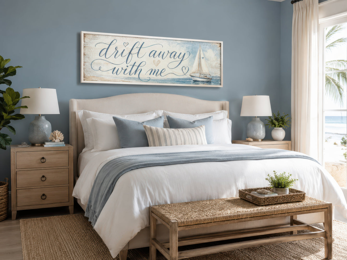 Coastal Bedroom Romantic Sign With Sailboat on Light Blue Canvas Wall Art