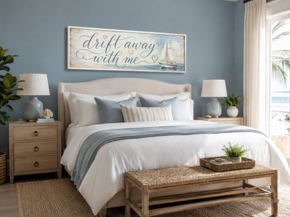 Coastal Bedroom Romantic Sign With Sailboat on Light Blue Canvas Wall Art