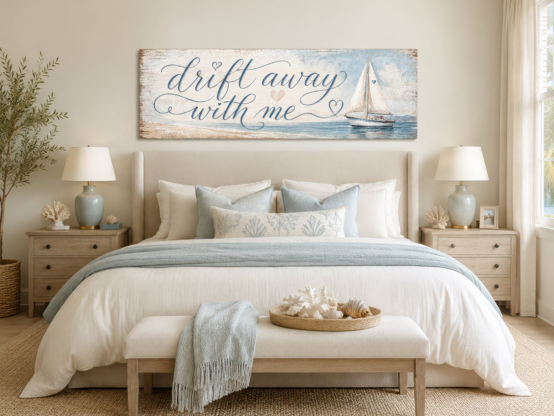 Coastal Bedroom Romantic Sign With Sailboat on Light Blue Canvas Wall Art