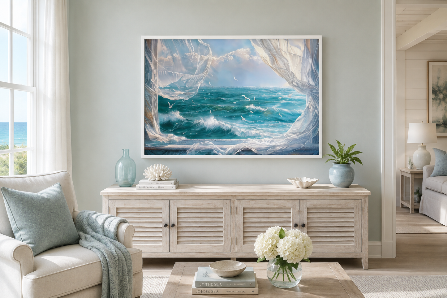 Ocean View From Window With Birds And Curtains Framed Canvas Wall Art, Coastal Wall Decor