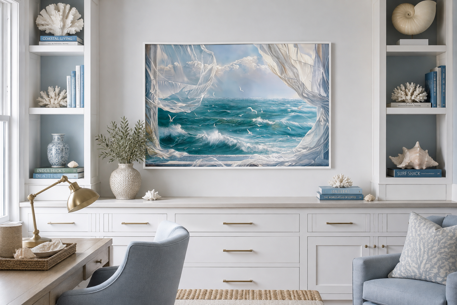 Ocean View From Window With Birds And Curtains Framed Canvas Wall Art, Coastal Wall Decor