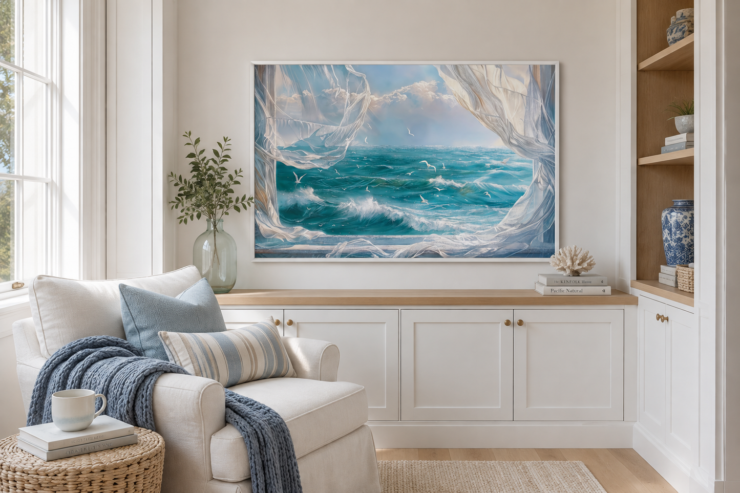 Ocean View From Window With Birds And Curtains Framed Canvas Wall Art, Coastal Wall Decor
