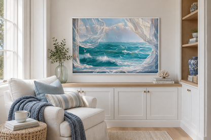 Ocean View From Window With Birds And Curtains Framed Canvas Wall Art, Coastal Wall Decor