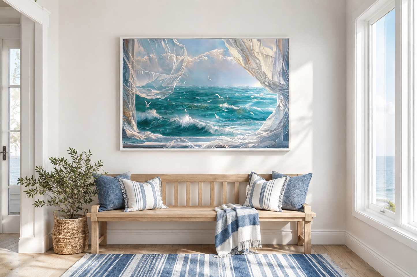 Ocean View From Window With Birds And Curtains Framed Canvas Wall Art, Coastal Wall Decor