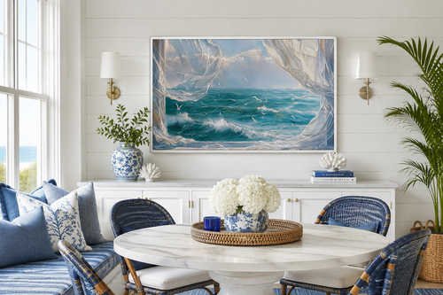 Ocean View From Window With Birds And Curtains Framed Canvas Wall Art, Coastal Wall Decor