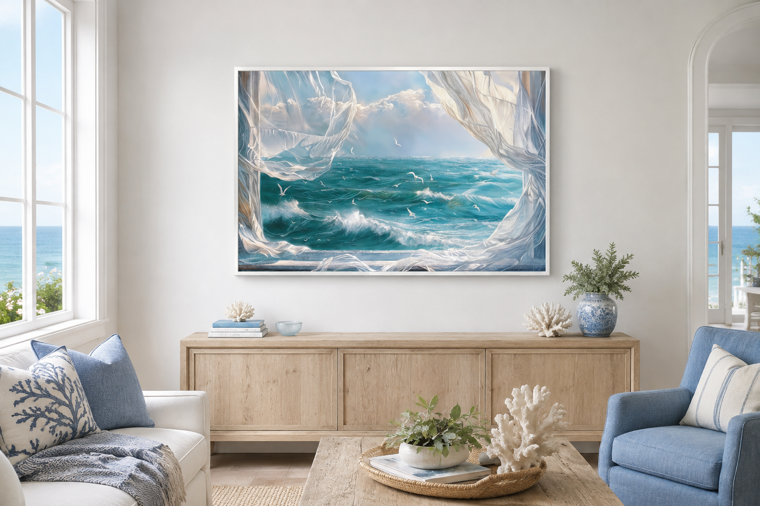 Ocean View From Window With Birds And Curtains Framed Canvas Wall Art, Coastal Wall Decor