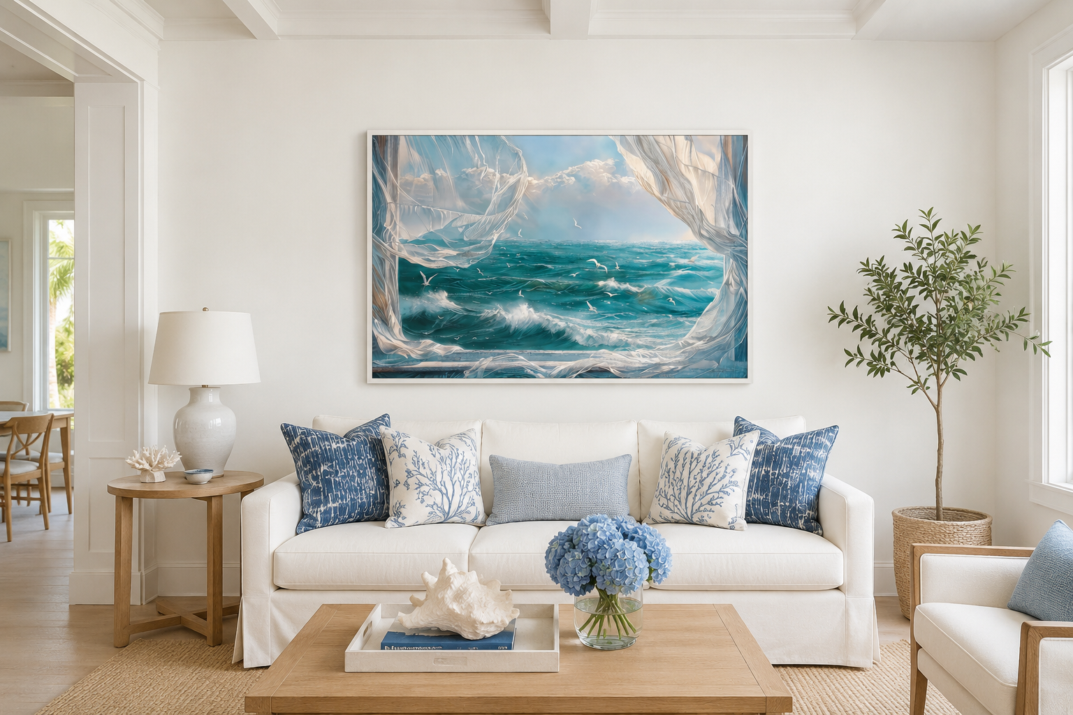 Ocean View From Window With Birds And Curtains Framed Canvas Wall Art, Coastal Wall Decor