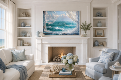 Ocean View From Window With Birds And Curtains Framed Canvas Wall Art, Coastal Wall Decor