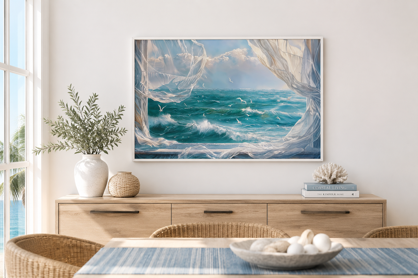 Ocean View From Window With Birds And Curtains Framed Canvas Wall Art, Coastal Wall Decor
