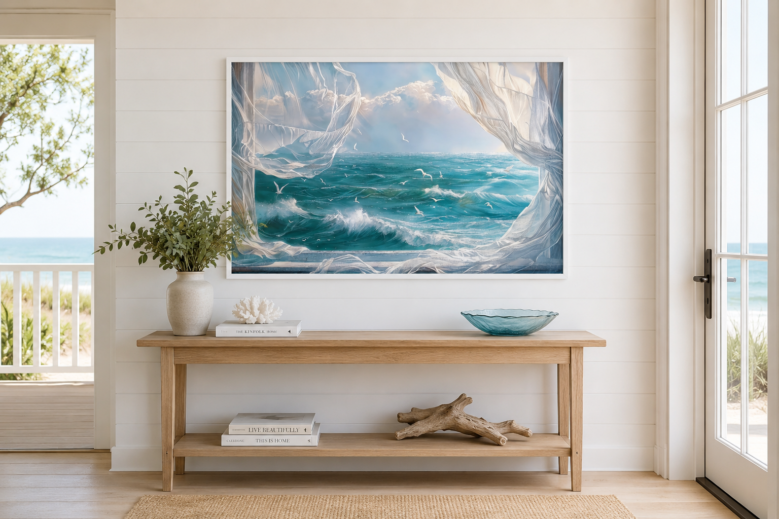 Ocean View From Window With Birds And Curtains Framed Canvas Wall Art, Coastal Wall Decor