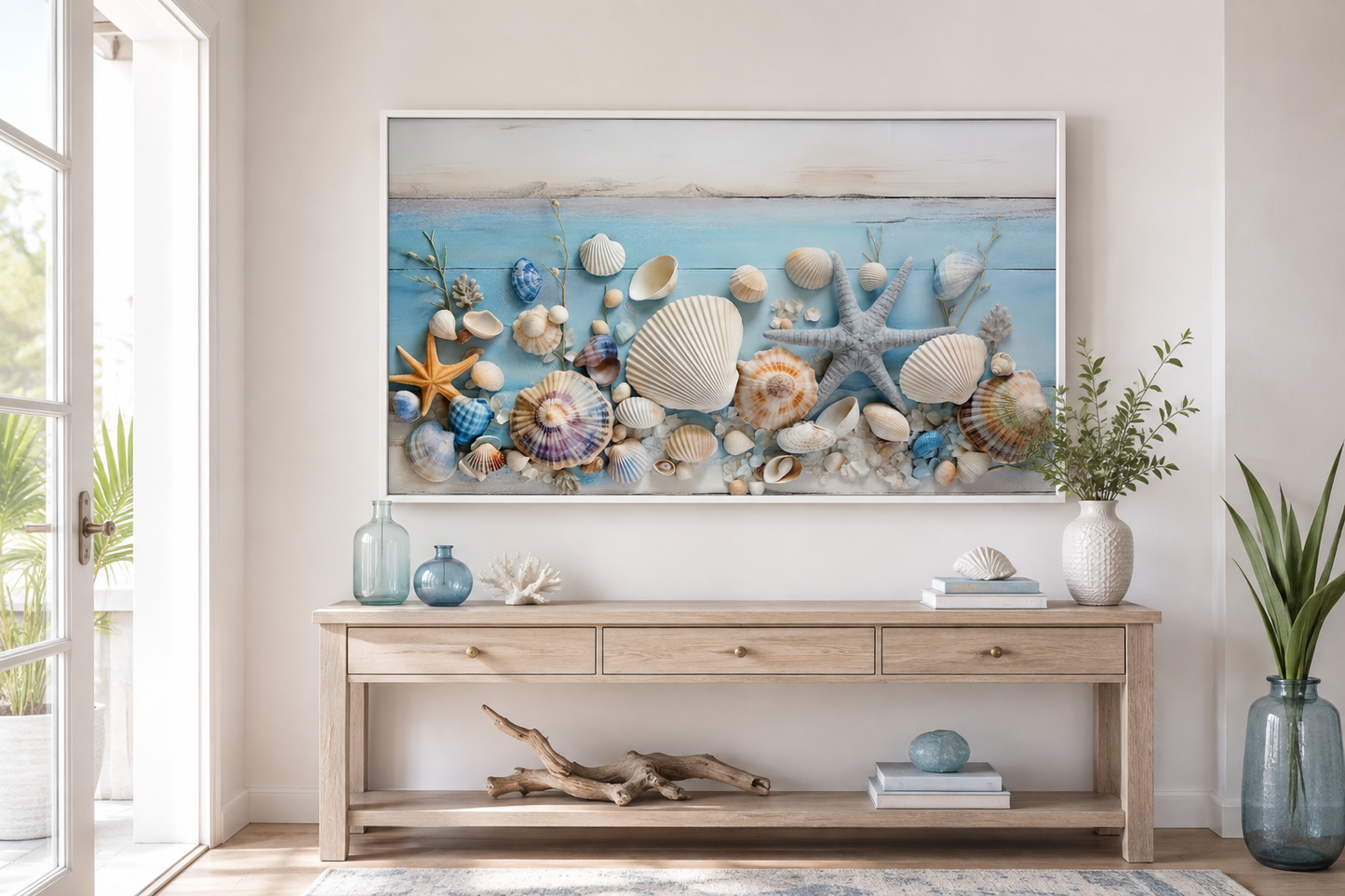 Seashells Painting On Blue Wood Coastal Wall Art For Beach House
