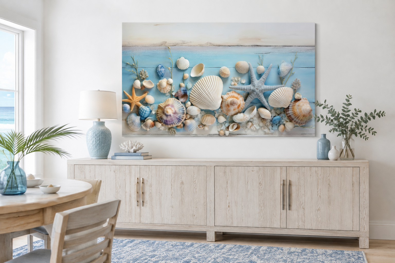 Seashells Painting On Blue Wood Coastal Wall Art For Beach House