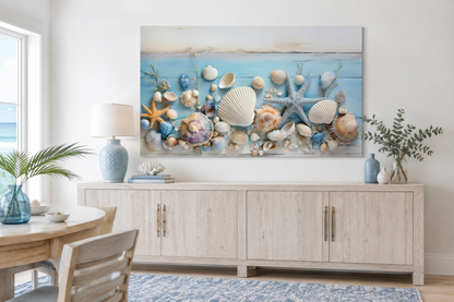 Seashells Painting On Blue Wood Coastal Wall Art For Beach House