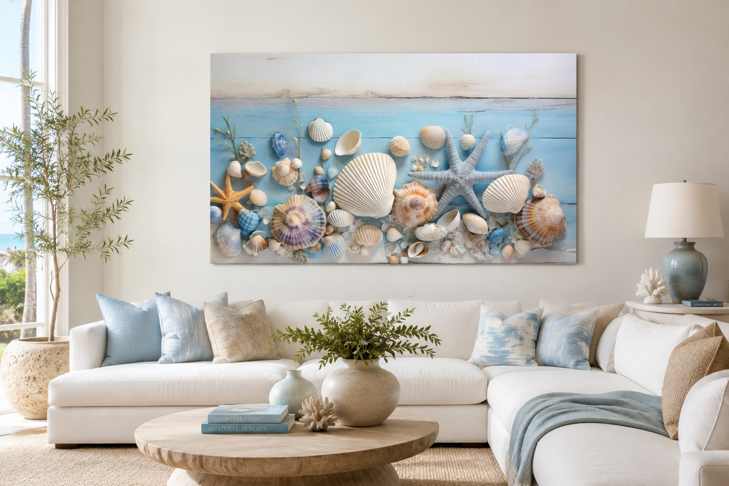 Seashells Painting On Blue Wood Coastal Wall Art For Beach House