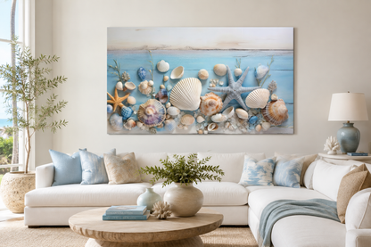 Seashells Painting On Blue Wood Coastal Wall Art For Beach House