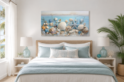 Seashells Painting On Blue Wood Coastal Wall Art For Beach House