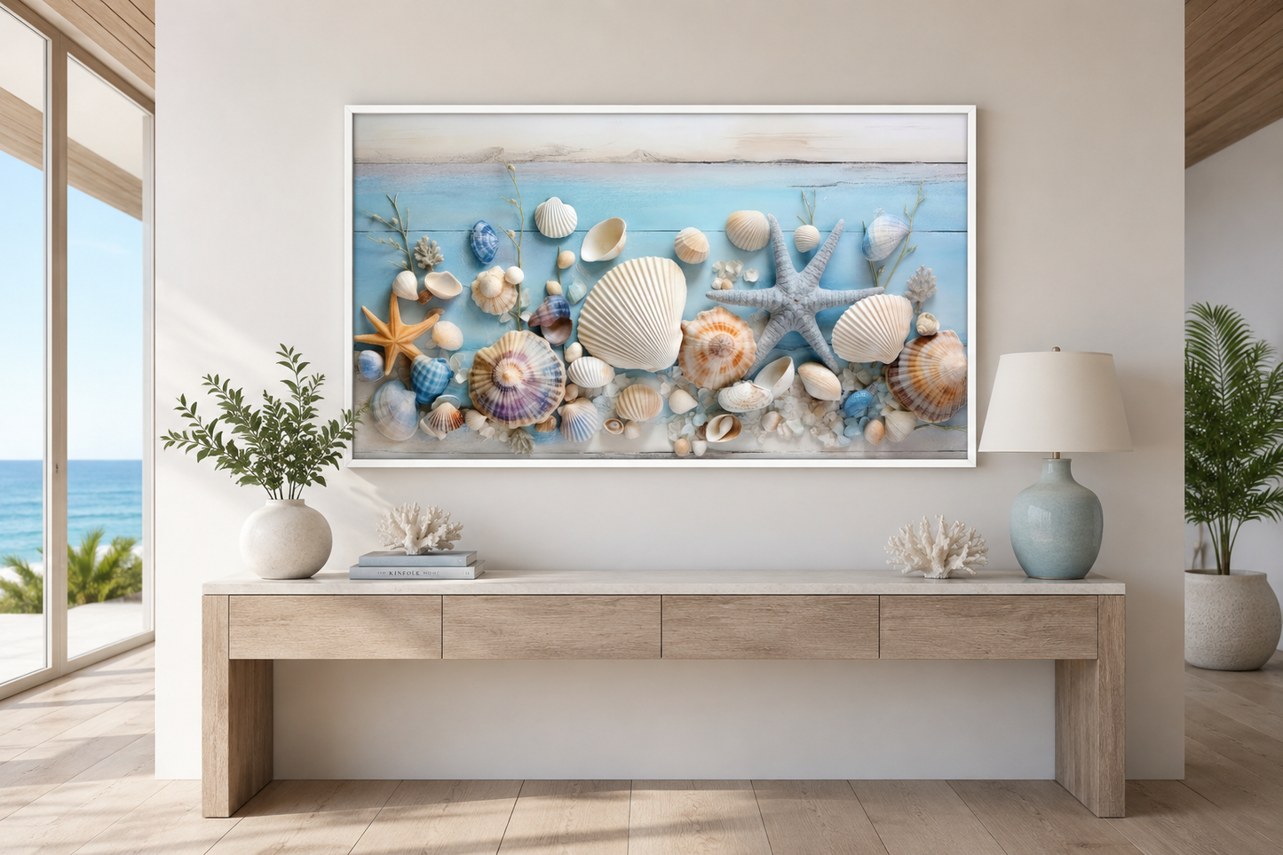 Seashells Painting On Blue Wood Coastal Wall Art For Beach House