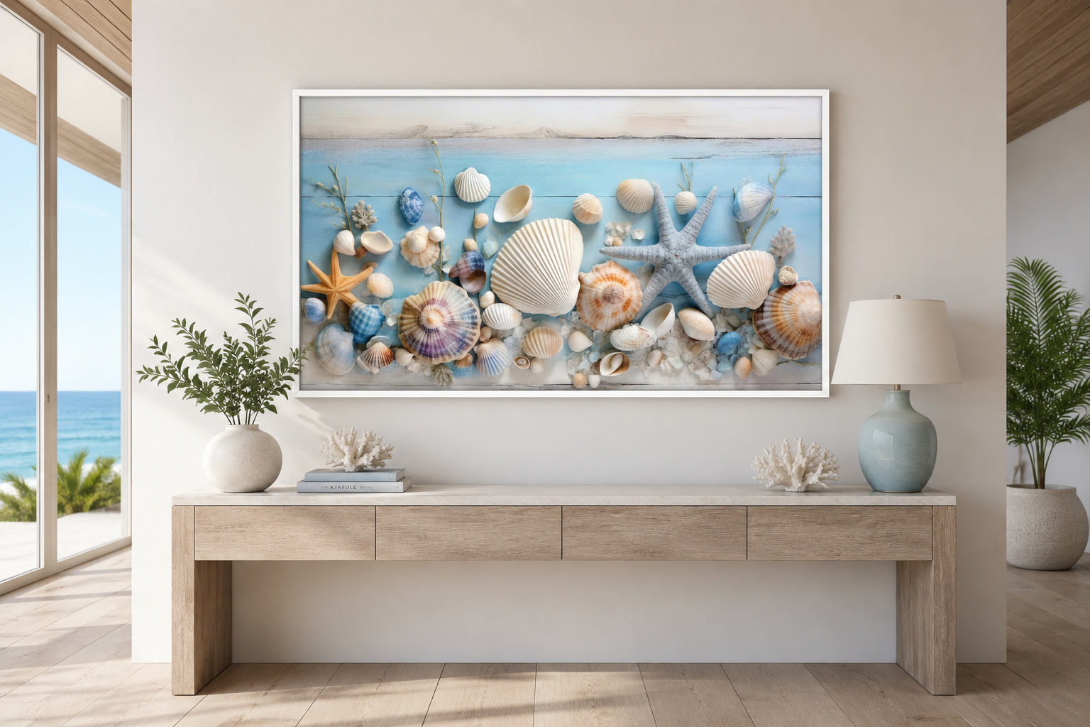 Seashells Painting On Blue Wood Coastal Wall Art For Beach House