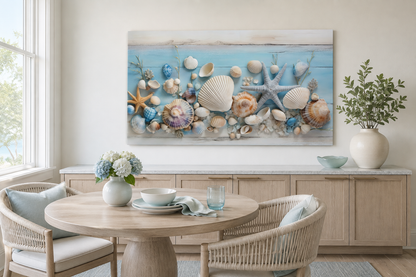 Seashells Painting On Blue Wood Coastal Wall Art For Beach House