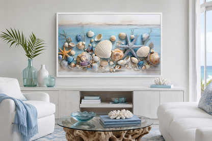 Seashells Painting On Blue Wood Coastal Wall Art For Beach House