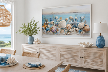 Seashells Painting On Blue Wood Coastal Wall Art For Beach House